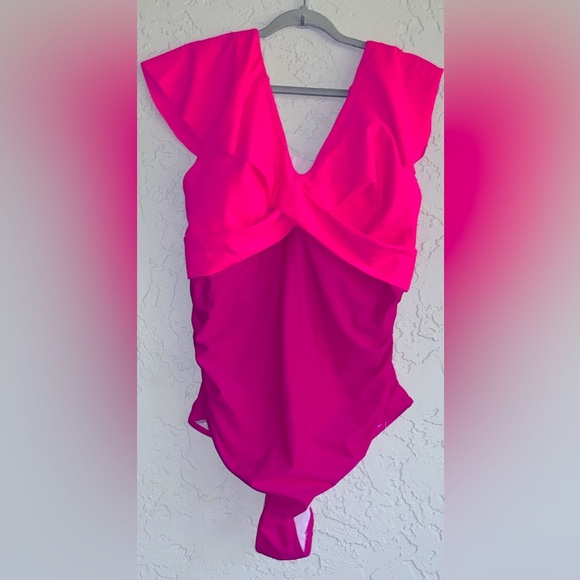 Yonique Vibrant Hot Pink & Dark Pink One-Piece Swimsuit (NWT) - Picture 1 of 8